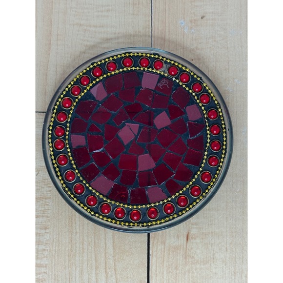 Handmade Mosaic Coaster Trivet Red Glass Beaded Gold Trim Decorative - Picture 4 of 5